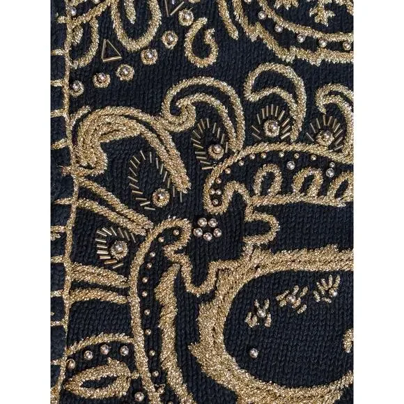Vintage 90s Michael Simon Black Gold Metallic Embroidered Cropped Knit Cardigan - Picture 10 of 12